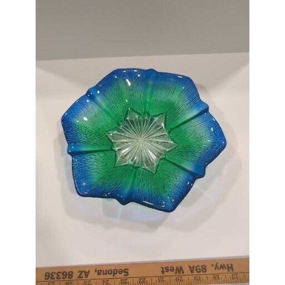 Vintage Art Glass Blue Green To Clear Dish Pansy Shape.